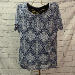 Croft & Barrow Blue & White Print Short Sleeve Blouse, Like New